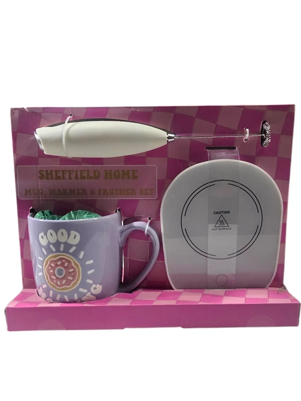 Sheffield Home Mug Warmer Frother Set Good Morning Donut Purple Mug Gift Set New